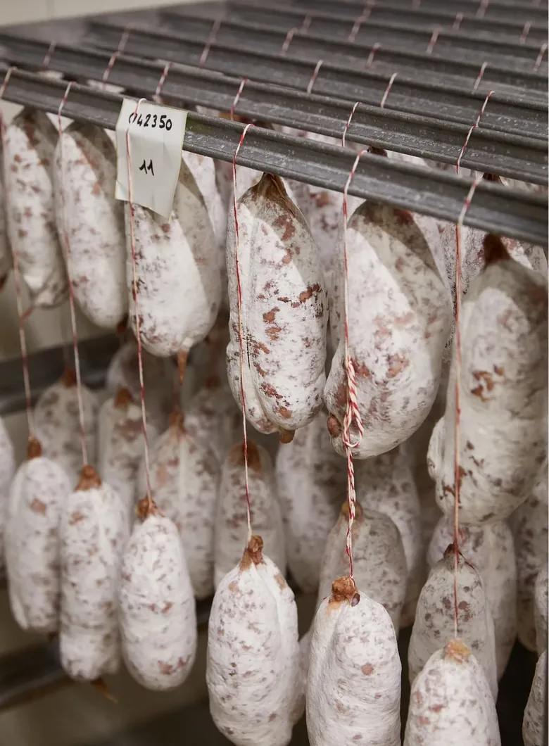 Racks of saucissons developing their natural bloom in the drying room.