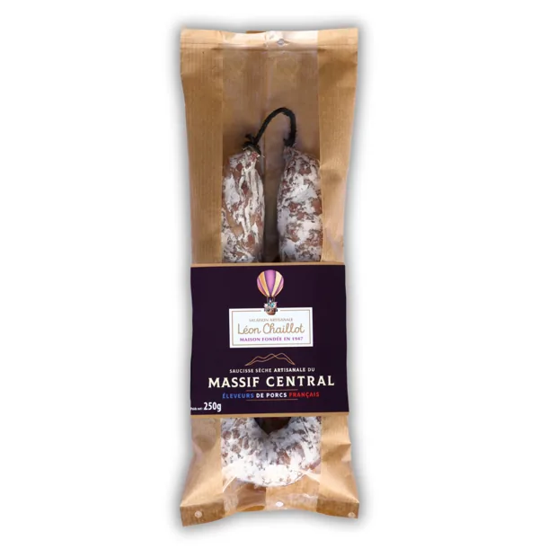 Retail pack of a Massif Central dry sausage.