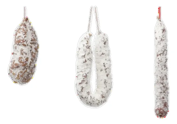 The three dry-cured sausage shapes side by side: the short Saucisson sec, the curved Saucisse sèche and the long, slim Barou.